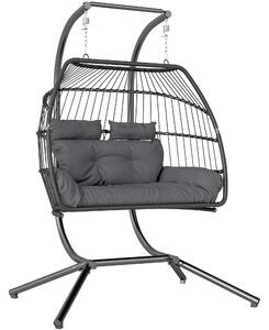Outsunny Rattan Double Hanging Egg Chair with Stand, Foldable Wicker Swing Egg Chair with Cushion, Head Pillows, Steel Frame, Hammock Chair for Indoor Outdoor, Capacity 260 kg, Dark Grey