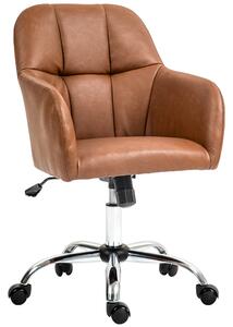 HOMCOM Leather Swivel Chair with Thick Padded Seat, PU Leather Office Chair, Makeup Vanity Chair with Height Adjustable, Wheels, Brown Aosom UK