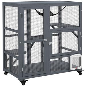 PawHut Cat Cage House, Catio Cat Outdoor Enclosure on Wheels, Weather-Resistant Wooden Kitty Cage with Platforms, Hammock, Light Grey Aosom UK