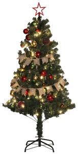 HOMCOM 5 Ft Christmas Tree Pre Lit with a 'Merry Christmas' Ribbon, a Top Star, Pine Cones, Decorative Balls and Light Controller Aosom UK