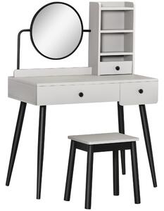 HOMCOM Dressing Table Set with Mirror and Stool, Vanity Makeup Table with 3 Drawers and Open Shelves for Bedroom, Living Room, Grey Aosom UK