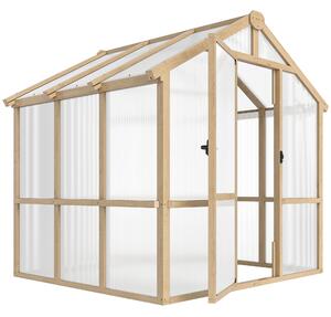 Outsunny 6.6 x 6ft Polycarbonate Greenhouse, Walk-in Wooden Greenhouse with Lockable Door and Window, Garden Plants Grow House, Brown