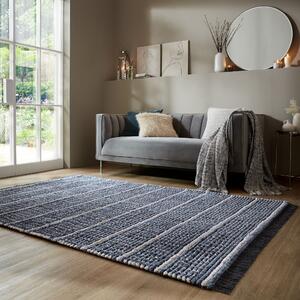 Ribbed Geometric Striped Shaggy Rug Blue