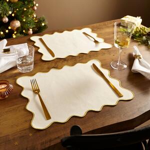 Set of 2 Embroidered Edge Scalloped Placemats Gold