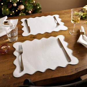 Set of 2 Embroidered Edge Scalloped Placemats Silver