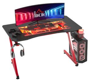 HOMCOM Gaming Desk with Steel Frame, Cup & Headphone Holder, Adjustable Feet, Cable Organiser, Home Office Computer Table, Red