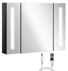 Kleankin LED Bathroom Cabinet with Mirror, Wall Mounted Dimmable Storage Organiser with 3 Mirrored Doors and Adjustable Shelves Aosom UK