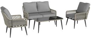 Outsunny Rattan Garden Furniture Set, 4 Piece Outdoor Patio Furniture with Tempered Glass Table and Chairs, Indoor Balcony Conservatory Set
