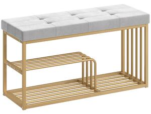HOMCOM Bench and Shoe Storage, Tufted Shoe Storage Bench with Velvet Seat Cushion Gold Steel Frame for Entryway, Grey