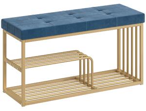 HOMCOM Bench and Shoe Storage, Tufted Shoe Storage Bench with Velvet Seat Cushion Gold Steel Frame for Entryway, Dark Blue