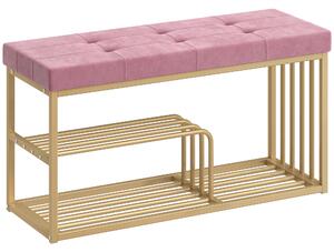 HOMCOM Bench and Shoe Storage, Tufted Shoe Storage Bench with Velvet Seat Cushion Gold Steel Frame for Entryway, Pink