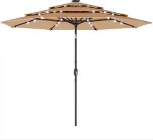 Outsunny 2.8 m Garden Parasol Umbrella with LED Solar Light, Parasol Cover, 3 Tier Outdoor Table Market Patio Umbrella, Khaki