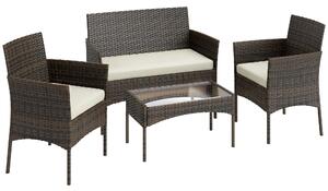 Outsunny 4 Piece Rattan Garden Furniture Sofa Set with Loveseat, Armchairs, Glass-Top Coffee Table and Cushions, Brown