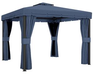 Outsunny 3 x 3(m) Patio Gazebo Canopy Garden Pavilion Tent Shelter Marquee with 2 Tier Roof, Netting and Curtains, Dark Blue
