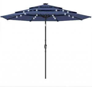 Outsunny 2.8 m Garden Parasol Umbrella with LED Solar Light, Parasol Cover, 3 Tier Outdoor Table Market Patio Umbrella, Navy Blue