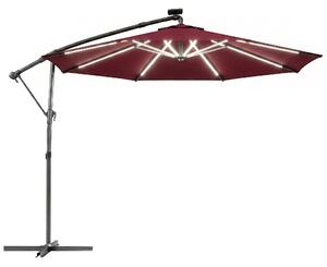 Outsunny 3 m Garden Cantilever Parasol with LED Solar Light, Round Overhanging Umbrella with 360° Rotation, Cover, Wine Red