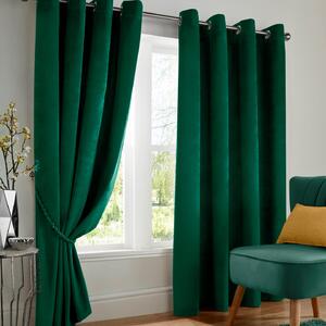 Velvet Triple Woven Ready Made Eyelet Blackout Curtains Green