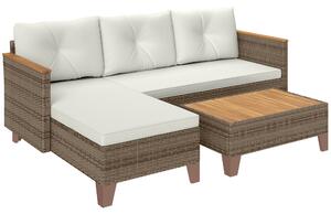 Outsunny 3 Pieces Rattan Garden Furniture Set, L Shaped Garden Conversation Chaise Lounge Furniture with Wood Top Coffee Table and Thick Cushions, Cream