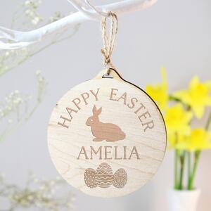 Personalised Easter Bunny Round Wooden Decoration Natural