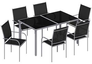 Outsunny 7 Piece Outdoor Garden Dining Set with Table and 6 Stackable Chairs, Steel Frame, Tempered Glass Top, Mesh Seats, Black