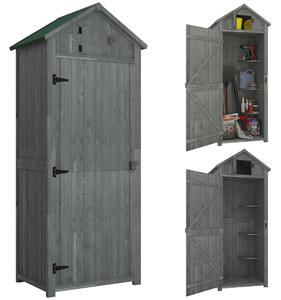 Outsunny Small Wooden Garden Shed with Lockable Double Doors, Shelves, Roof Hatch for Garden Tools, Grey Aosom UK