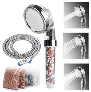 Showery® 3 Mode High Pressure & Water Softening Shower Head, 3-Layer Filtration+stones+hose / With Shower Hose