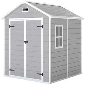 Outsunny 6 x 5ft Outdoor Shed with Lockable Doors, Air Vents & Floor, Wood Effect Resin Tool Shed for Storage, Light Grey Aosom UK