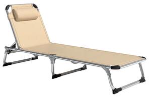 Outsunny Foldable Reclining Sun Lounger Lounge Chair Camping Bed Cot with Pillow 5-Level Adjustable Back Aluminium Frame Khaki
