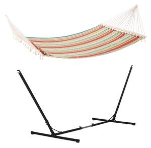 Outsunny Outdoor Garden Hammock with Stand, Double Cotton Hammock with Adjustable Steel Frame, Swing Hanging Bed with Pillow, for Garden, Patio, Beach, Red Stripes