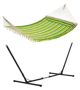 Outsunny Outdoor Garden Hammock with Stand, Double Cotton Hammock with Adjustable Steel Frame, Swing Hanging Bed with Pillow, for Garden, Patio, Beach, Green Stripes