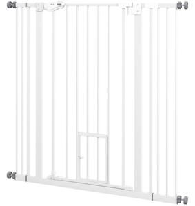 PawHut Extra Tall Pet Gate, Indoor Dog Safety Gate, with Cat Flap, Auto Close, 74-101cm Wide - White