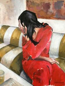Art Print Woman In A Red Dress Sits On A Sofa, Borgenhag Holmqvist