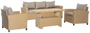 Outsunny 5-Seater Garden PE Rattan Sofa Set, Patio Wicker Aluminium Frame Conversation w/ Wood Grain Plastic Table, Khaki