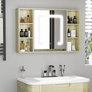 Kleankin LED Bathroom Mirror Cabinet, Wall Mounted Dimmable Medicine Cabinet with Adjustable Shelf and Mirrored Door, Natural