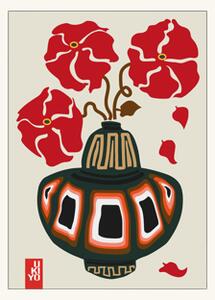 Poster Ukiyo Vase Flower Greige 50 x 70 - Frances Collett. - Cherry Red - Poster and Frame