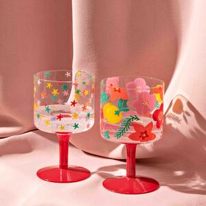 Raspberry Blossom Set of 2 Wine Glasses Clear/Red