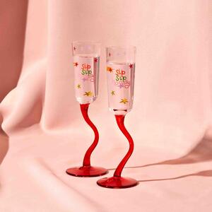 Set of 2 Wavy Stem Flute Glasses Clear/Red