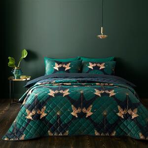 Luxe Cranes Emerald Bedspread Green/Navy Blue/Brown
