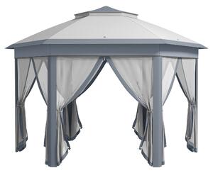 Outsunny Hexagon Patio Gazebo Pop Up Gazebo Outdoor Double Roof Instant Shelter with Netting, 4m x 4m, Grey