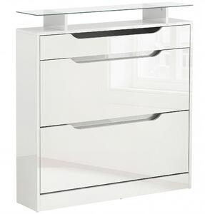 HOMCOM Shoe Cabinet High Gloss, 3 Drawer Storage, Tipping Bucket Design, Glass Top, 14 Pairs Capacity, White