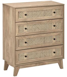 HOMCOM Storage Cabinet, 4-Drawer Unit with Rattan Element for Bedroom, Living Room, 80cm x 35 cmx 95 cm, Wood Effect Aosom UK