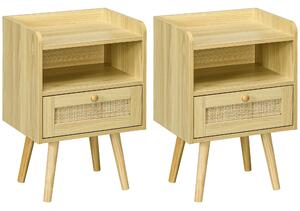 HOMCOM Bedside Table Set of 2, Boho Nightstand with Drawer, Storage Compartment, Natural Wood Finish Aosom UK