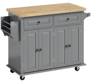 HOMCOM Rolling Kitchen Island Storage Trolley with Rubber Wood Top & Drawers for Dining Room, Grey Aosom UK