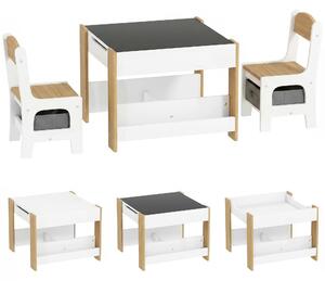 HOMCOM Three-Piece Kids Table and Chair Set with Blackboard, Storage, Bookshelves - Natural Wood