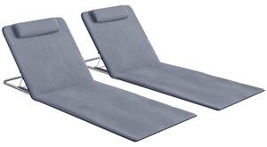 Outsunny Set of 2 Foldable Garden Beach Chair Mat Lightweight Outdoor Sun Lounger Seats Adjustable Back Metal Frame PE Fabric Head Pillow, Grey