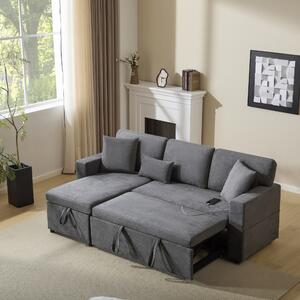 L-Shaped Corner Sofa Bed with Extendable Bed Box, Oxford Fabric Daybed with Integrated Shelf and USB Port, 214L x 131W x 87H cm, Dark Gray Aosom UK
