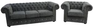 Chesterfield Crystal 3 Seater + Club Chair Sofa Suite Keira Pewter Grey Fabric
