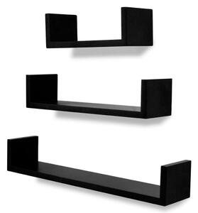 3 Black MDF U-shaped Floating Wall Display Shelves Book/DVD Storage