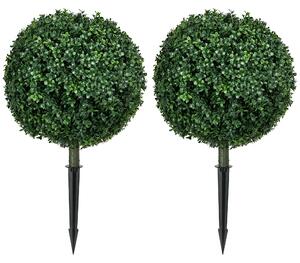 HOMCOM Artificial Boxwood Trees w/ Ground Stake, Set of 2 Ball Shaped Topiary Trees for Home Office & Living Room, UV Resistant