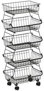HOMCOM 5 Tier Storage Trolley, Stackable Fruit Vegetable Cart for Kitchen, Living Room, 40 x 2 x 97 cm, Black